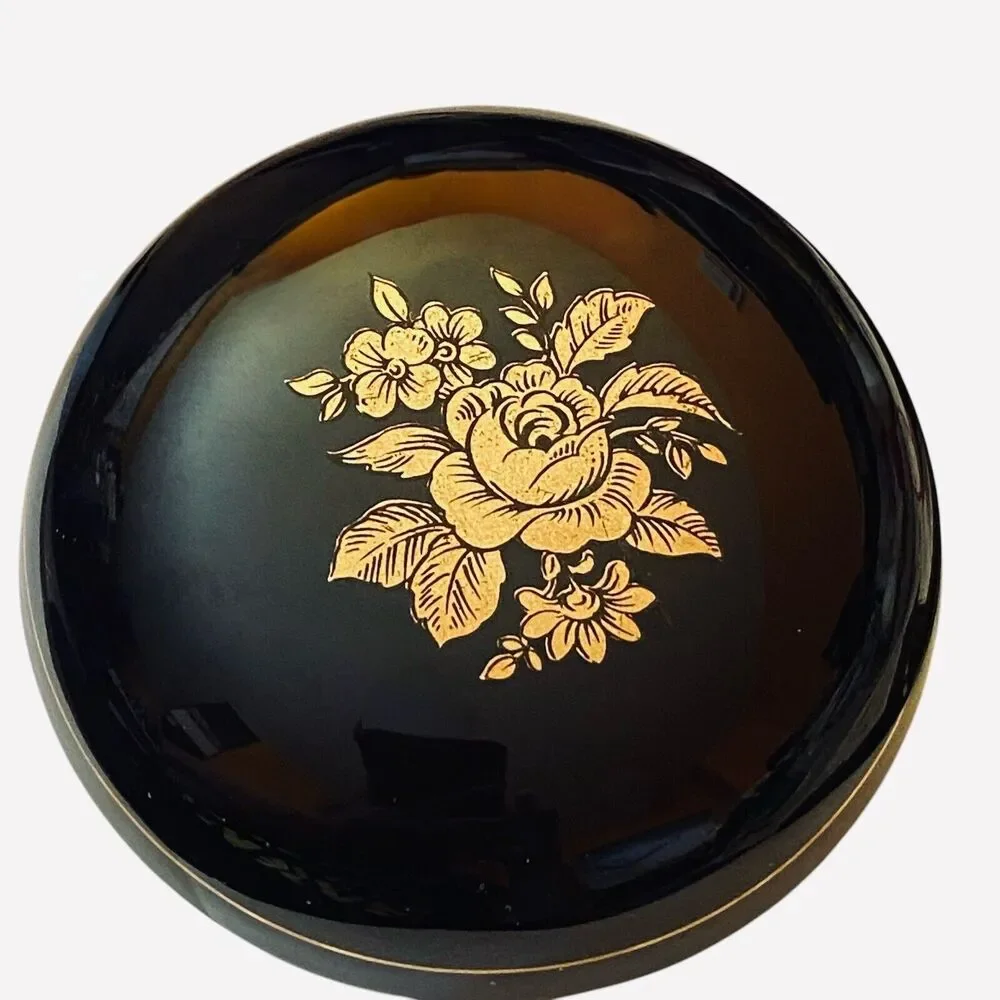 Peint a la Main Small Trinket Box With Lid Gold Floral Design With Gold Trim